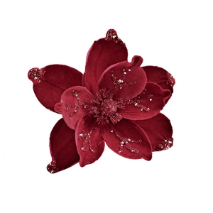 Glittery dark red flocked magnolia flower decoration for Christmas holiday tree ornament