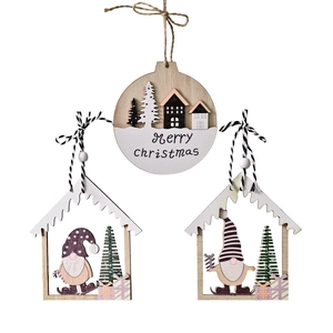 Three-piece wooden Christmas tree ornaments featuring house shapes and Merry Christmas text