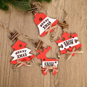 Set of 4 rustic wooden Christmas ornaments featuring reindeer, tree, bell, and snowflake