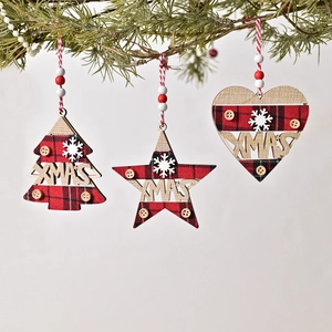 Christmas Wooden Hanging Ornaments Buffalo Plaid XMAS Cutout Star Heart Tree Shapes Xmas Tree Home Party Decorations