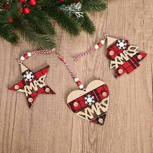 Three-piece wooden Christmas ornaments with red plaid fabric, Xmas cutouts and snowflakes