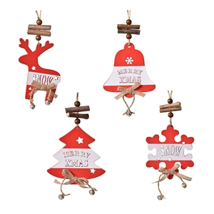 Four-piece wooden Christmas ornaments set with reindeer, tree, bell, and snowflake designs