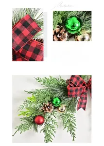 Detail of buffalo plaid bow and shiny Christmas ornaments on faux pine wreath