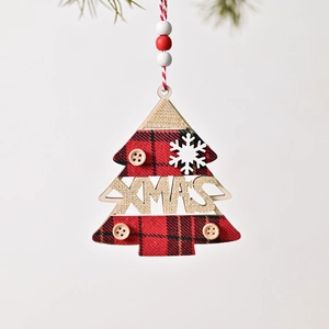 Christmas tree wooden ornament with red plaid fabric, XMAS cutout and white snowflake