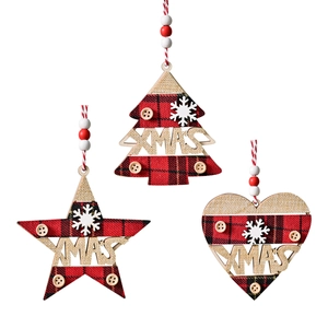 Three-piece wooden Christmas pendants with red plaid, Xmas stars, trees, and hearts