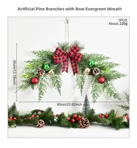 Detail of Christmas wreath with red black plaid bow and ornaments showing size 60x35cm
