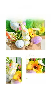 Close-up of Easter bunny figurine with speckled eggs and flowers in a burlap base