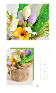 Close-up of Easter rabbit figurine and colorful eggs in a burlap-wrapped decorative pot