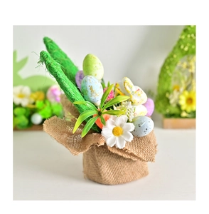 Close-up of Easter decoration with burlap base, pastel eggs, and sisal bunny ears