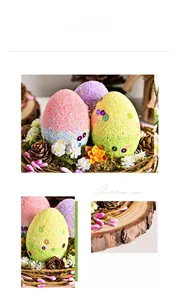 Détail macro d'œufs de Pâques colorés avec paillettes dans un nid avec pommes de pin