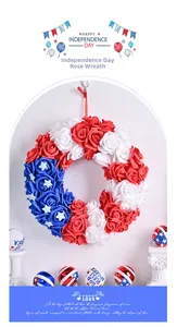 Detail of red white and blue artificial rose wreath with stars for Independence Day decor