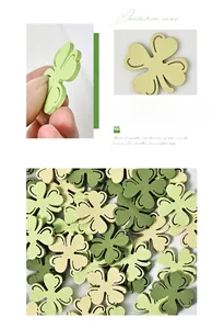 Detailed macro view of green wooden shamrock decorations with textured surface details