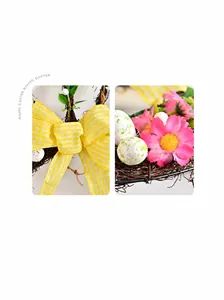 Detail of Easter wreath with yellow gingham bow, speckled eggs and pink daisies