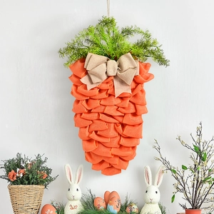 Couronne de Carotte de Pâques Fait Main en Toile de Jute Décoration Suspendue de Porte pour Fête de Printemps Maison Murale