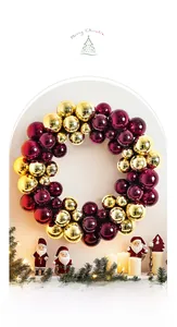 Detailed view of luxury Christmas wreath with gold and red metallic ornaments for decor