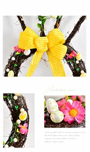 Close-up of Easter rattan wreath with yellow bow, pink flowers and speckled eggs