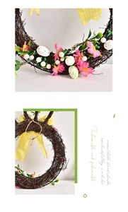Detail of Easter rattan wreath featuring speckled eggs, pink flowers and yellow plaid bow