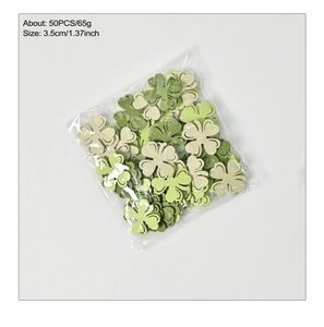 Detailed size chart for 50pcs wooden shamrock cutouts for St. Patrick's Day decor