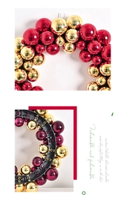 Detail of red and gold Christmas ball wreath showing front texture and back support frame