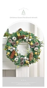 Detail of Christmas wreath with pine cones and gold silver ornaments on fireplace