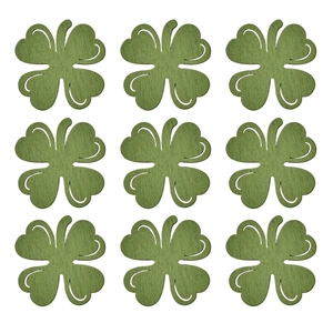 Set of 9 green wooden shamrock clover ornaments for St. Patrick's Day party decor