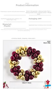 Detail showing a 45cm Christmas wreath with glossy burgundy and gold decorative balls