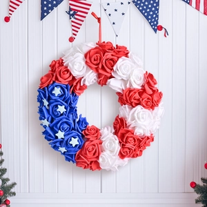 Patriotic July 4th American flag wreath with red white blue roses and white stars