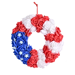 Patriotic USA Independence Day wreath with red white blue roses and stars hanging