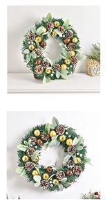 Detail of a Nordic Christmas wreath with frosted pine cones and metallic ornaments