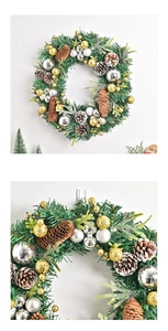 Close-up of Nordic Christmas wreath featuring pine cones and festive gold and silver ornaments