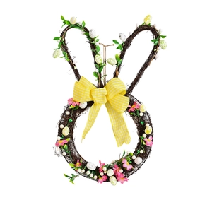 Easter bunny-shaped rattan wreath with colorful eggs, pink flowers and yellow plaid bow
