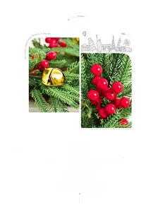 Detailed close-up of green Norfolk pine needles, red berries and golden bells decoration