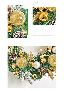 Detailed close-up of pine cones, golden balls, and snow-covered needles on a Christmas wreath
