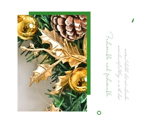 Detail of pine cones with artificial snow, golden leaves and ornaments on a wreath