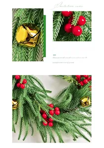 Detail of Christmas wreath with Norfolk fir, red berries, and gold bells on natural rattan