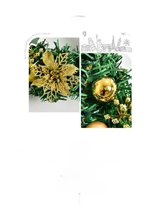 Detailed close-up of golden hollowed flower and shiny Christmas balls on festive garland