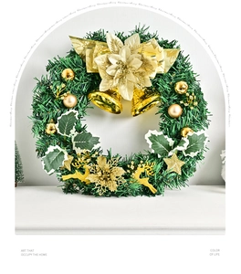 Close-up of a Christmas wreath with golden bells, reindeer, and Merry Christmas text