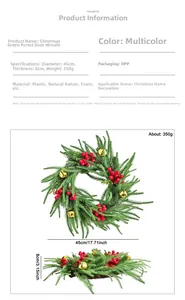 Detail view showing 45cm Christmas Norfolk fir wreath dimensions and natural rattan materials