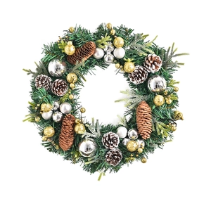Nordic pine cone Christmas wreath with green needles and gold silver ball ornaments