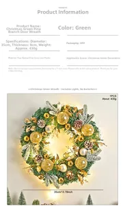 Detailed size chart for 35cm pine wreath with pine cones and LED lights