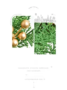 Macro detail of artificial green pine needles and matte golden berries for Christmas wreaths