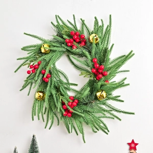 Christmas Wreath Norfolk Fir Simulation Red Berry Golden Bell Garland For Front Door Porch Manor Style Festival Decor