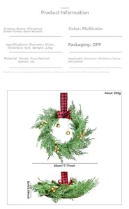 Christmas wreath details showing green pine needles, red plaid bow and dimensions