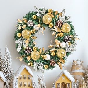 Nordic Christmas wreath with pine cones and gold balls on white background scene