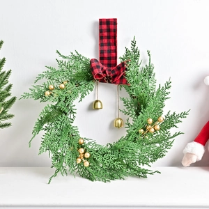 Nordic Christmas Wreath With Golden Berries Bells Buffalo Plaid Bow Artificial Pine Hanging Decoration For Home Holiday