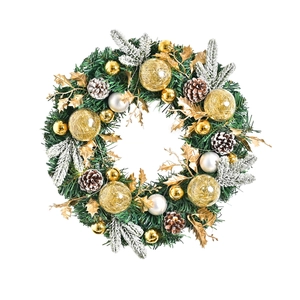 Nordic Christmas wreath with gold baubles, pine cones and warm lights on white background
