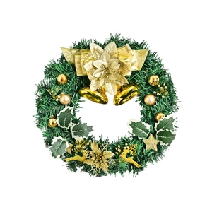 Christmas wreath with gold bells, pine cones, and festive reindeer on green pine needles
