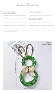 Detailed view of 53cm green Easter bunny wreath with grapevine ears and burlap bow