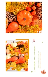 Detailed close-up of autumn wreath featuring pumpkins, pinecones and colorful maple leaves