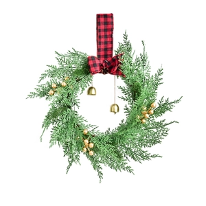 Nordic Christmas wreath with gold berries, bells and red buffalo plaid bow for door hanging